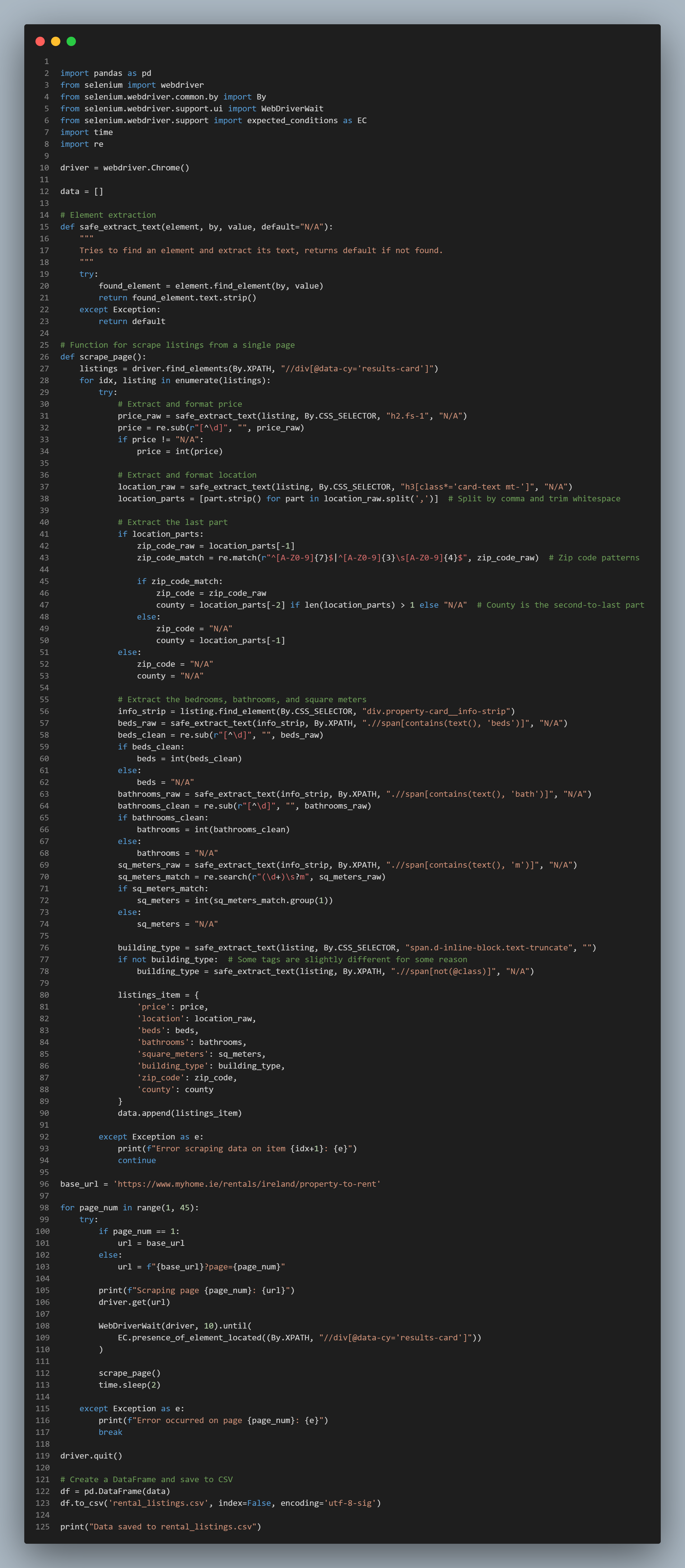 Python/Selenium scraper code for myhome.ie rental listings